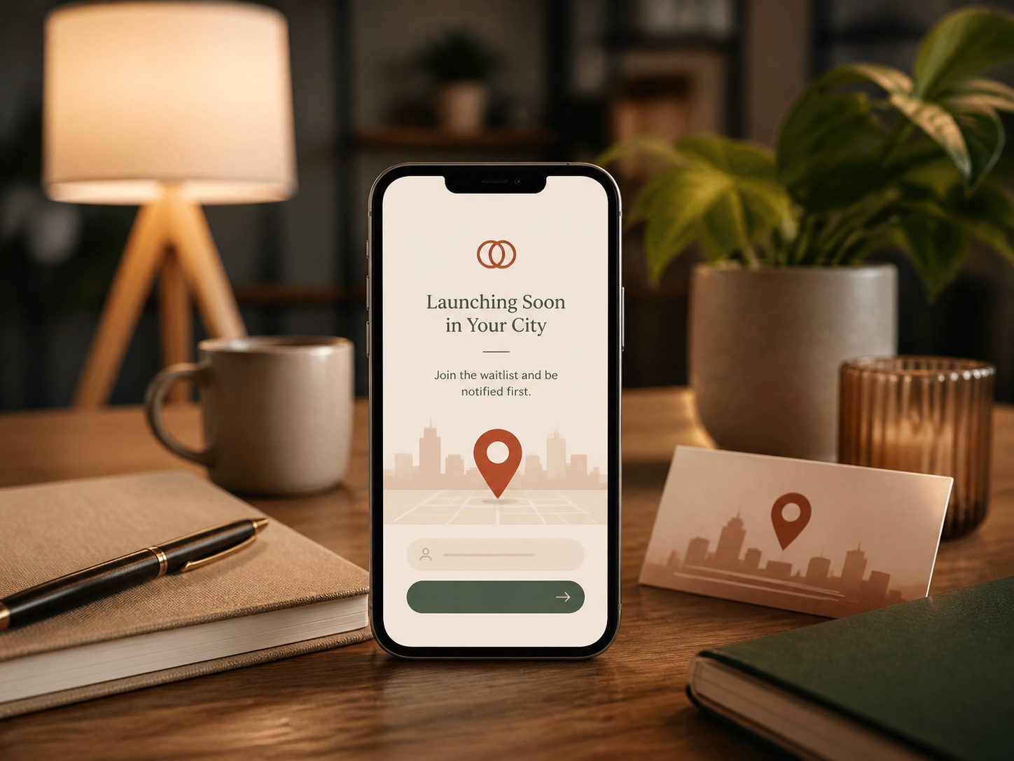 A phone showing a city launch waitlist screen on a warm table.