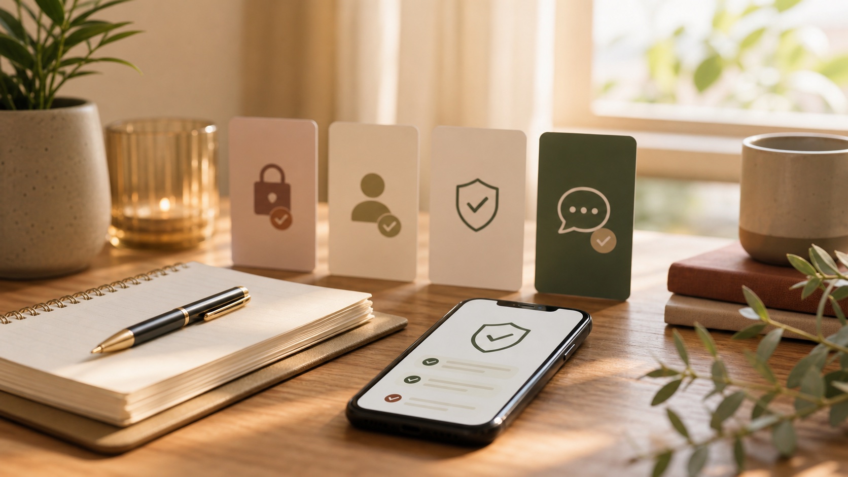 Warm trust and privacy cards beside a phone and notebook.